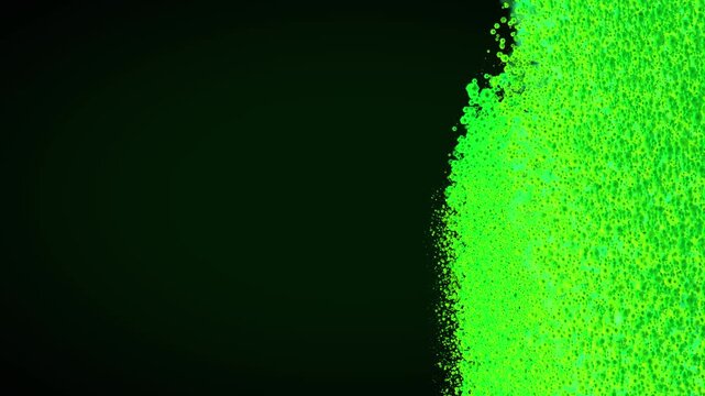 Neon green hexagonal particles swarm on the right side of a dark black backdrop, abstract animated motion background with empty copy space for text and logo