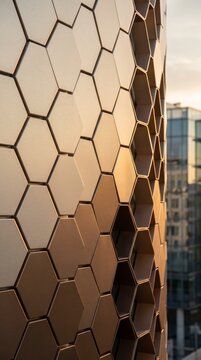 Hexagonal metallic cladding forming geometric pattern on curved facade with warm golden reflections