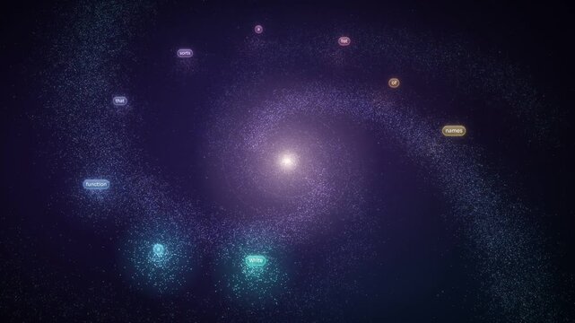Large language model prompt split into tokens flying through galaxy network to generate code response