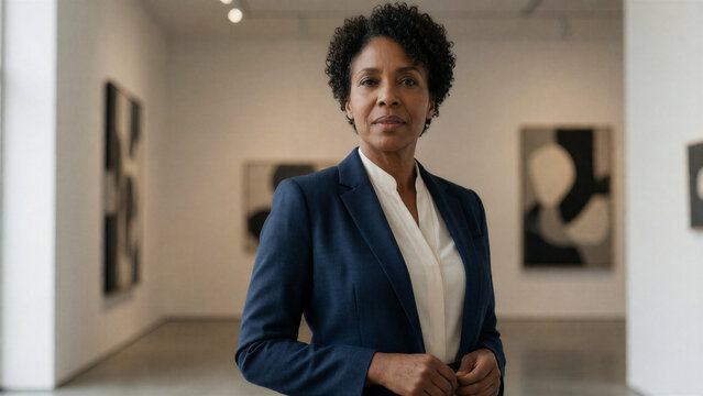 Ein sehr konkretes Business-Portrait einer 42-j&auml;hrigen selbstbewussten schwarzen Frau mit kurzem nat&uuml;rlichem Lockenhaar und dunkelblauem Blazer in einer modernen Galerie.