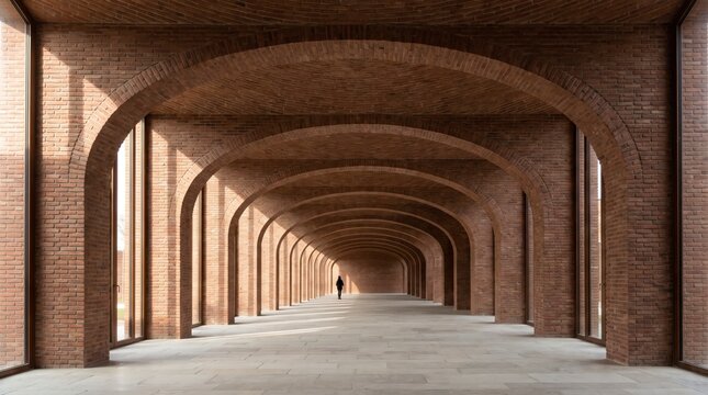 Solitary figure walking through endless brick arches as metaphor for passage and contemplation