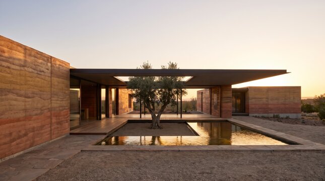 Rammed earth courtyard house with olive tree and reflecting pool at sunset in harmony with nature