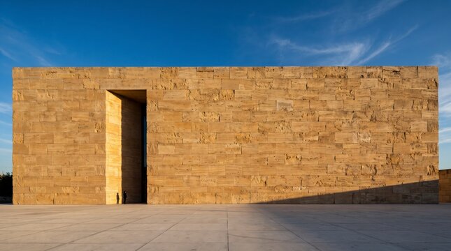 Monolithic sandstone wall with narrow doorway and tiny silhouettes expressing scale and threshold