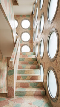 Terrazzo staircase lined with circular windows as playful concept of rhythm in interior architecture