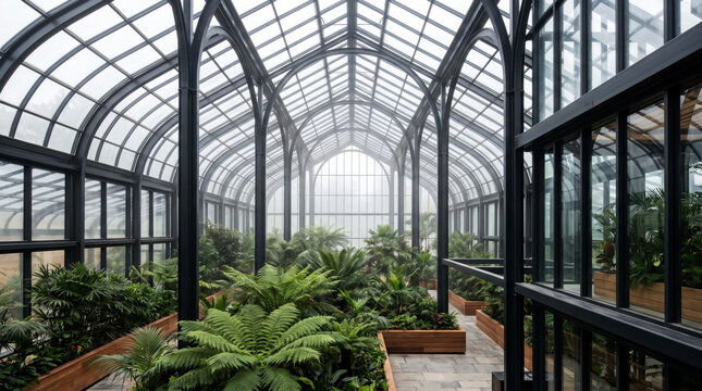Arched steel and glass conservatory filled with tropical ferns as metaphor for growth and sanctuary
