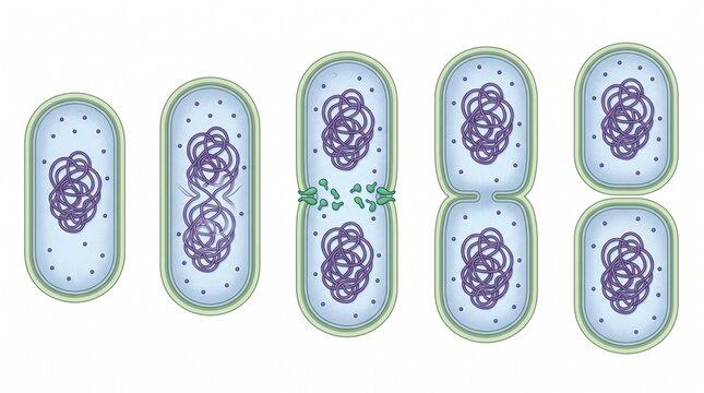 Bacterial cell division illustration showing binary fission process with copy space