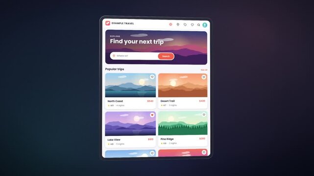 Responsive web design of travel website adapting from desktop browser to tablet and mobile screen