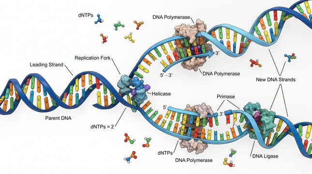 DNA replication process with polymerase enzymes and helicase at work in molecular biology illustration