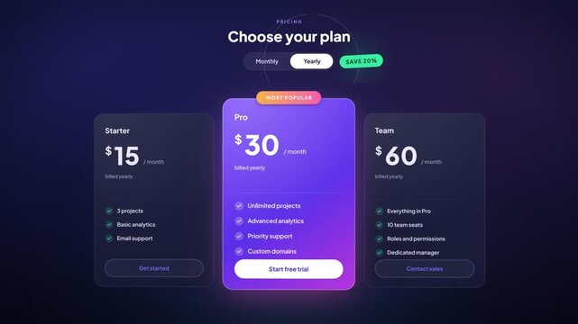 Pricing plan cards switching from monthly to yearly billing with discounted prices and most popular plan