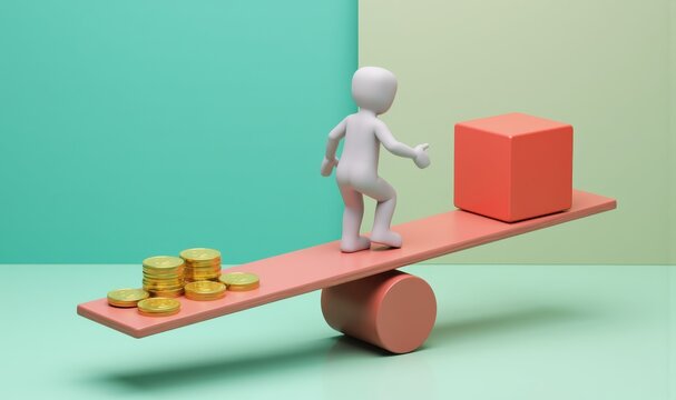 Figure balances on a pink seesaw between coins and a red cube. Concept of financial advisory pages, business school slides, risk management consultancies, and compliance training.