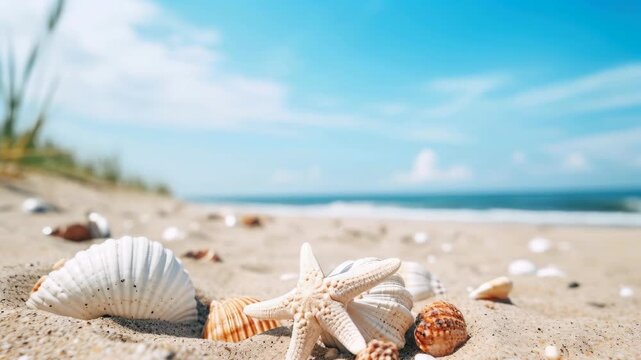Close-up of Sea Shells and a Starfish on a Sandy Shore