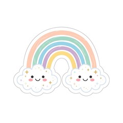 Fototapeta premium Pastel rainbow with smiling clouds sticker, cute vector art