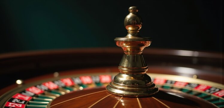 Roulette turret rises over the edge of the wheel. Concept of gaming app backgrounds, lottery, luck themed ads, finance risk articles, entertainment venue promotions, and online casino landing pages.