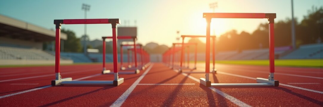 Red hurdles stand on a running track at sunset. Concept of school sports day posters, motivational blog headers, athletics club websites, coaching courses, and business presentations about challenges.