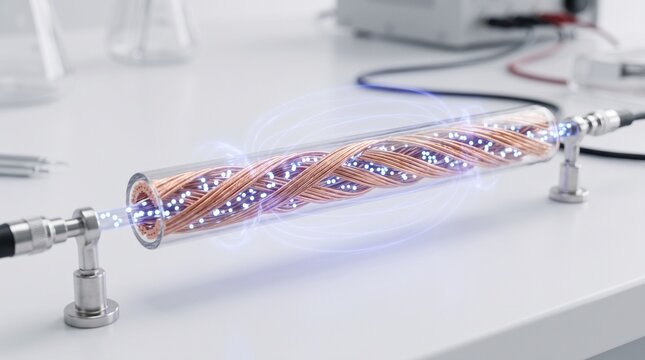Copper wire with illuminated electric current flow in laboratory setting with copy space