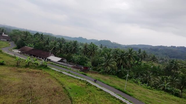 Drone shot of peaceful countryside road and paddy fields in Java