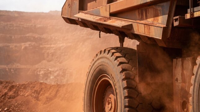 Massive autonomous haul truck wheel and chassis at a red ochre open-pit iron ore mine, dust rising in the background