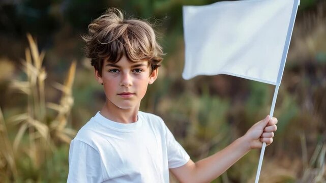 Young Boy Holding a White Flag in a Grassy Field