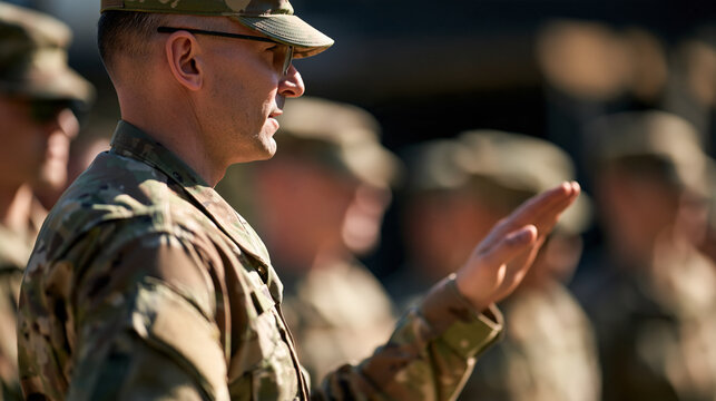 Faceless drill sergeant guiding fresh recruits through their first day of onboarding training, focus on physical fitness and military protocol, with copy space