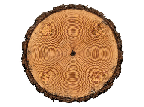 A detailed topdown view of a circular wooden log crosssection showing distinct annual growth rings and rough bark texture, isolated on transparent background