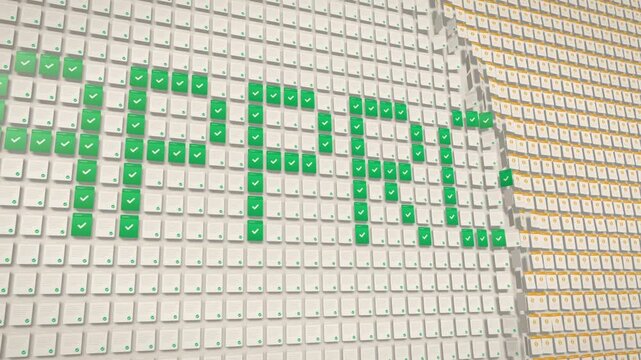 Wall of pending document cards flips to green checkmark tiles spelling approved, mass approval concept