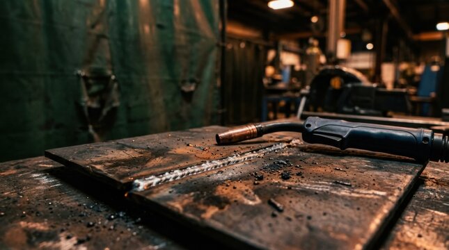 Welding workstation with a mig torch beside a fresh steel weld bead and a protective curtain in an industrial workshop.