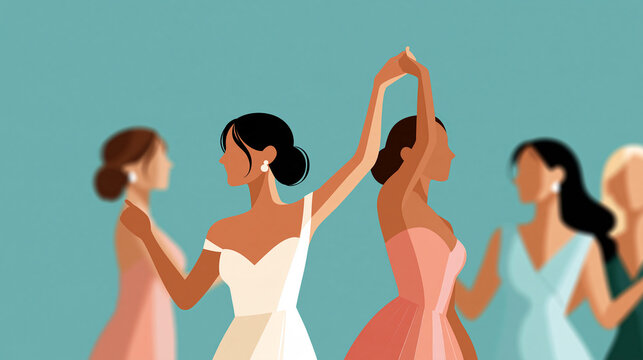 Faceless wedding guests and bridesmaids having fun and dancing together at a wedding banquet, with copy space