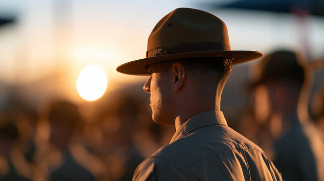 Faceless drill instructor overseeing a formation of recruits on a parade ground at sunrise, back view, leadership and discipline concept, with copy space