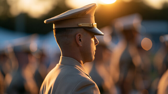 Faceless drill instructor overseeing a formation of recruits on a parade ground at sunrise, back view, leadership and discipline concept, with copy space