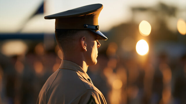 Faceless drill instructor overseeing a formation of recruits on a parade ground at sunrise, back view, leadership and discipline concept, with copy space
