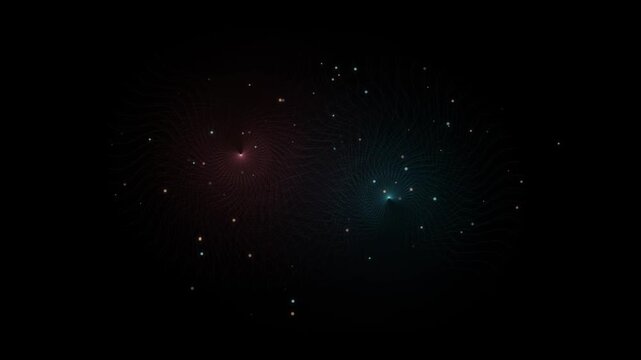 Abstract digital background with two swirling vortexes of light particles and glowing lines in red and blue colors on a dark background