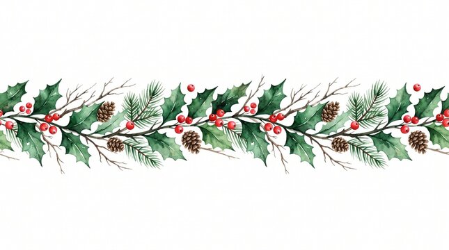 Christmas watercolor horizontal seamless pattern with holly berries, spruce and pine cones