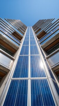 Solar panel facade rising on sustainable skyscraper with wooden shading fins for renewable energy