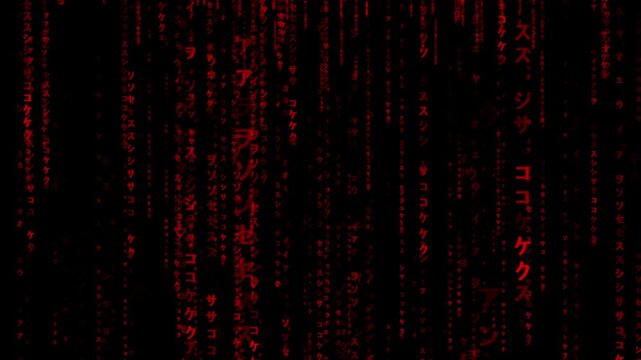 Red matrix code digital rain background cyberpunk technology data stream hacking virtual reality simulation abstract dark screen effect