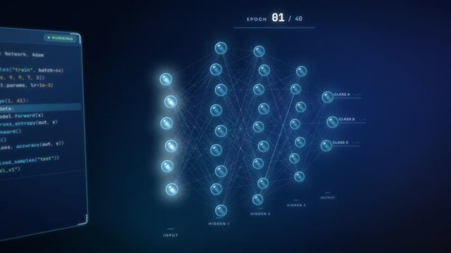 Neural network training animation, data flows through layers over epochs as loss drops and model is ready