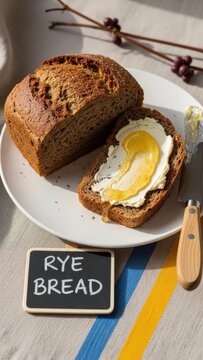 A slice of dense rye bread with cultured butter and honey gel, featuring a chalkboard, wooden bread knife, and a vine twig on a national color linen against a rye-brown background with vast copy space