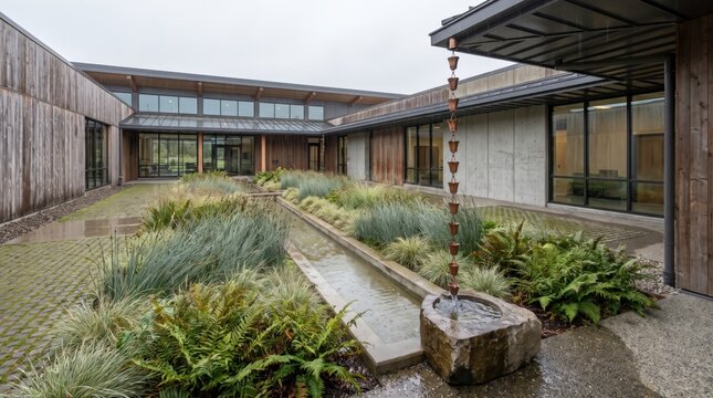 Rain chain feeding stone fountain and swale in courtyard garden for rainwater harvesting and ecology