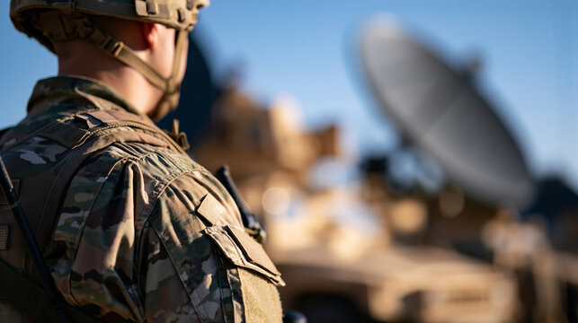 Close-up perspective of a faceless soldier in modern field uniform standing beside a rugged satellite communication dish, defocused armored vehicle in the background, with copy