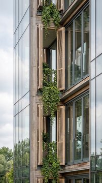 Timber shutters and cascading ivy on glass tower balconies for natural cooling and green living
