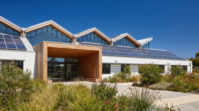 Solar panel sawtooth roof and timber entrance among native plants in energy efficient building