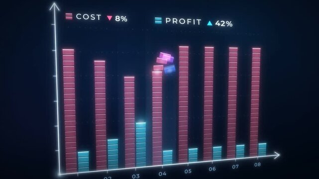 Cost and profit bar chart, cost bars shrink as profit bars grow until trend lines cross at break even point