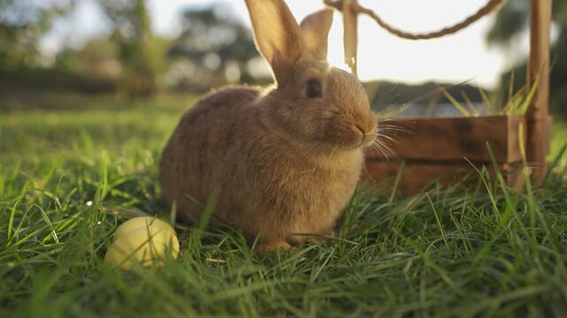 Easter rabbit egg courtyard. A brown rabbit grazes on the grass near a basket, while the rabbit curiously inspects a yellow egg. The sun casts a warm glow over the rabbit's fur.