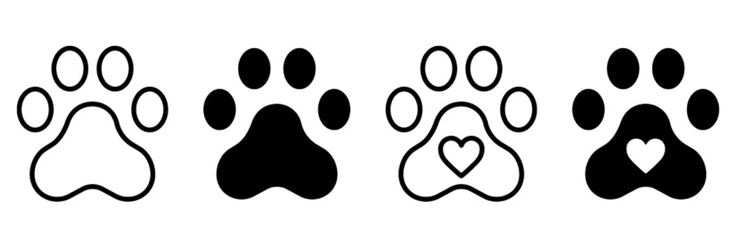 Pet paw icon set. Heart with dog, cat pet footprint. Paw print sign and symbol. Transparent png and vector illustration.