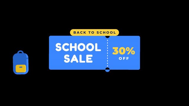 Back to School Sale 30 Percent Off Promotion Graphic With Backpack Icon And Coupon Design on alpha channel