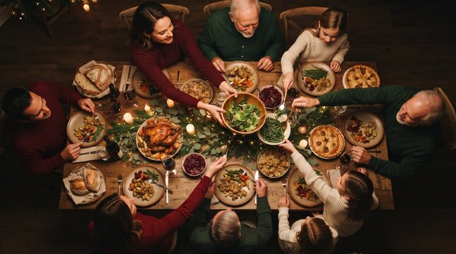 Festive, meal and people in home, reunion and celebration of Christmas with food at night or dinner. Above, group and family with feast for thanksgiving, evening and together on holiday in house
