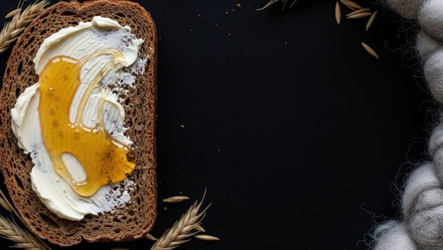 A slice of dense rye bread with cultured butter and honey gel, featuring a dried rye husk and wool edge against a rye-brown background with vast copy space.