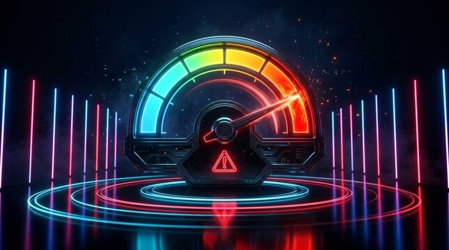 Digital speedometer gauge pushing red maximum limit with warning triangle, symbolizing system overload and critical risk indicator