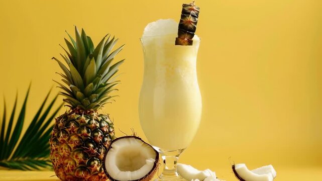 Tropical Pina Colada with Pineapple and Coconut on Yellow Background