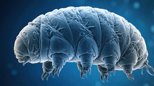 Microscopic tardigrade swims in blue liquid. Tiny water bear microorganism floats in scientific background. Detailed macro view shows anatomy of resilient invertebrate organism. Biology specimen for
