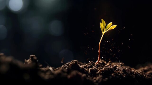 Small Young Plant Sprouting from Soil with Glowing Particles